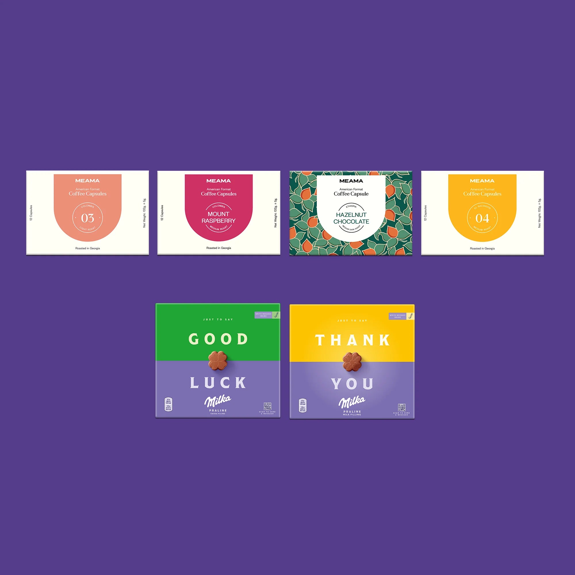 4 კოლოფი მულტი ფორმატის კაფსულა + 2 მილკას შოკოლადის ნაკრები