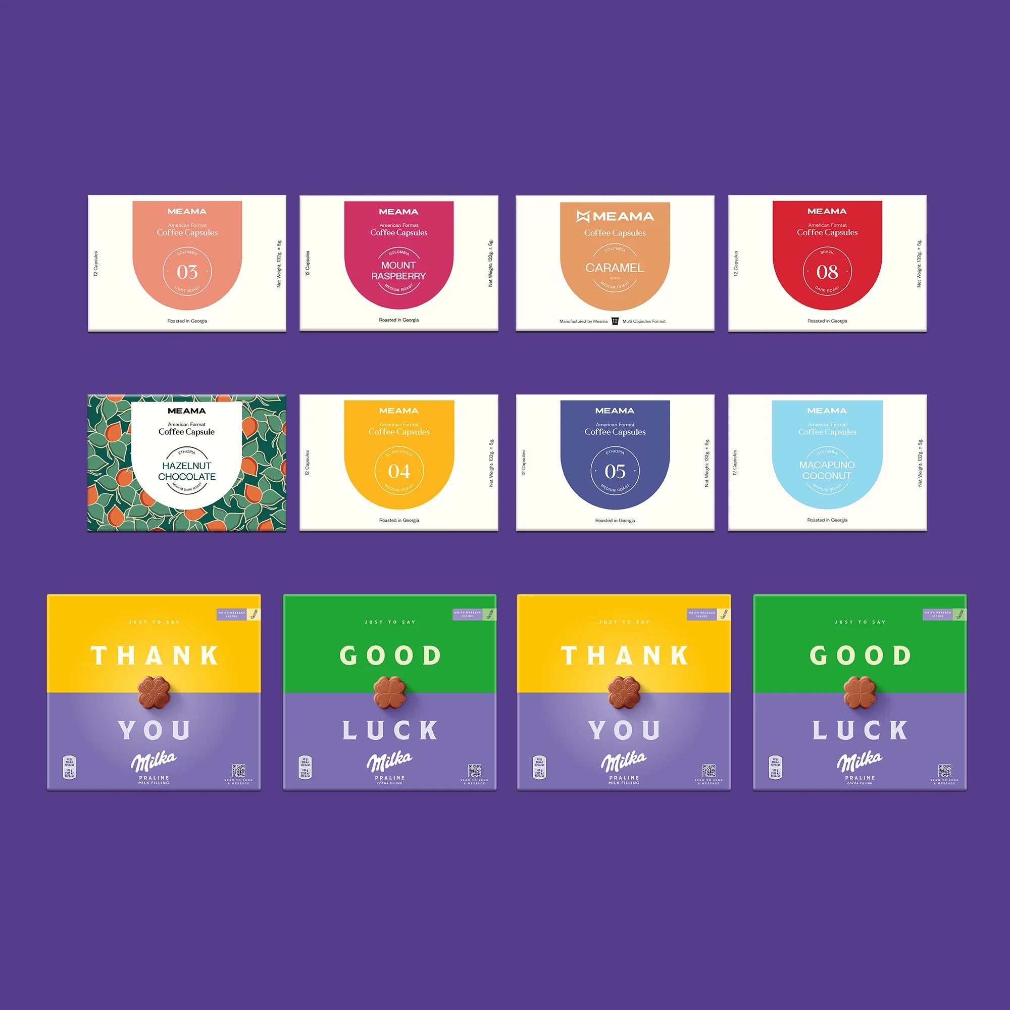 8 კოლოფი მულტი ფორმატის კაფსულა + 4 მილკას შოკოლადის ნაკრები