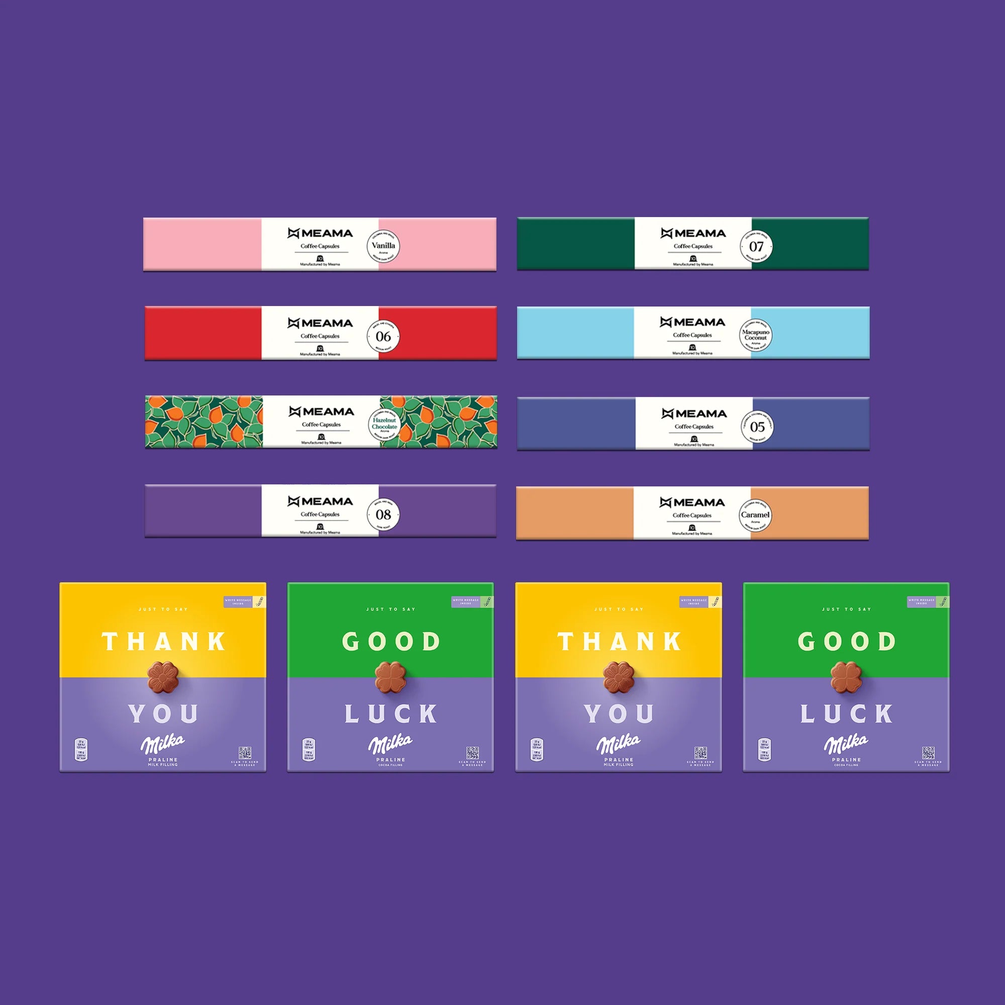 8 კოლოფი ევროპული ფორმატის კაფსულა + 4 მილკას შოკოლადის ნაკრები