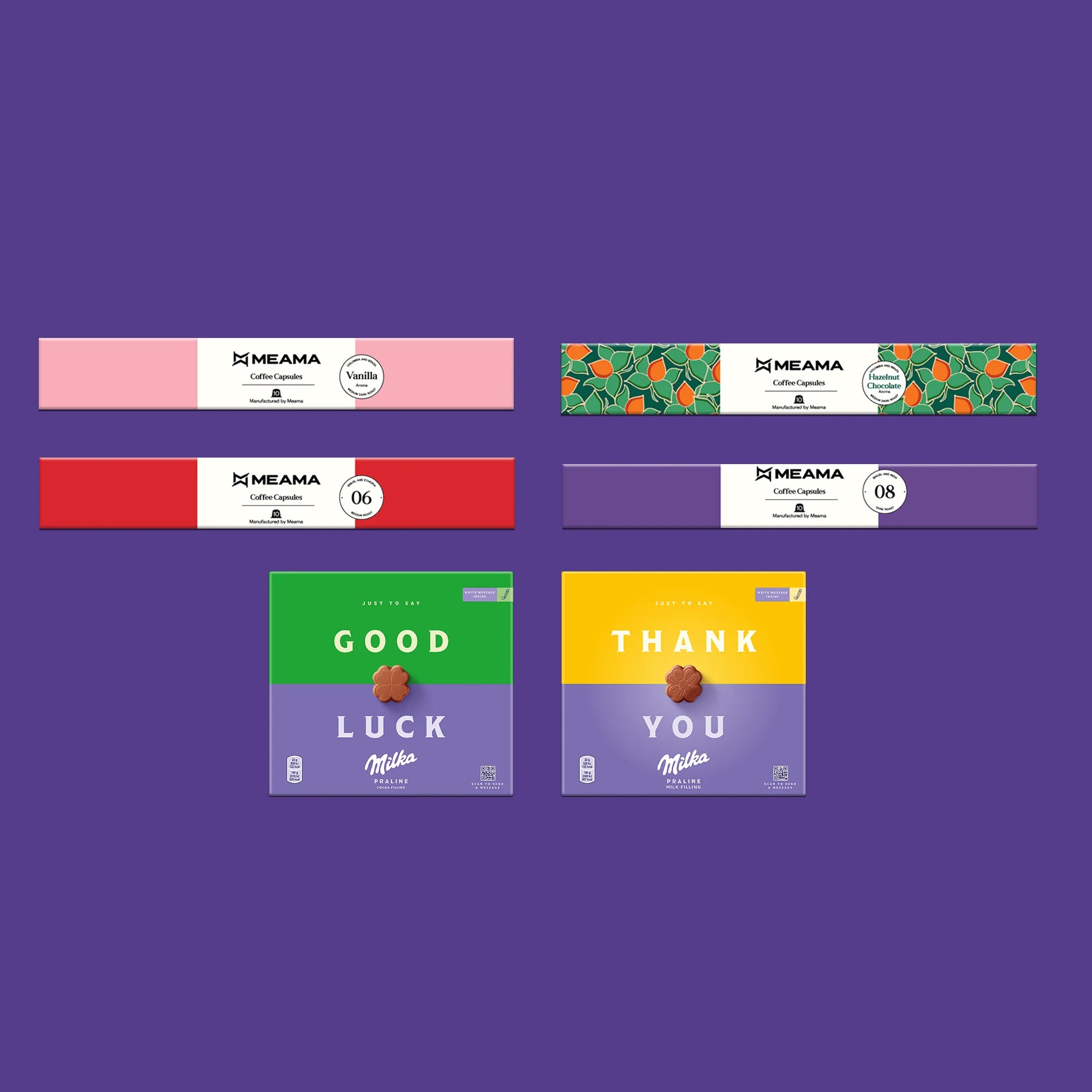 4 კოლოფი ევროპული ფორმატის კაფსულა + 2 მილკას შოკოლადის ნაკრები